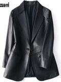 Spring Autumn Black Leather Blazer Women Single Button Slim Fit Designer Womens Leather Jackets and Coats 5Xl 6Xl 7Xl