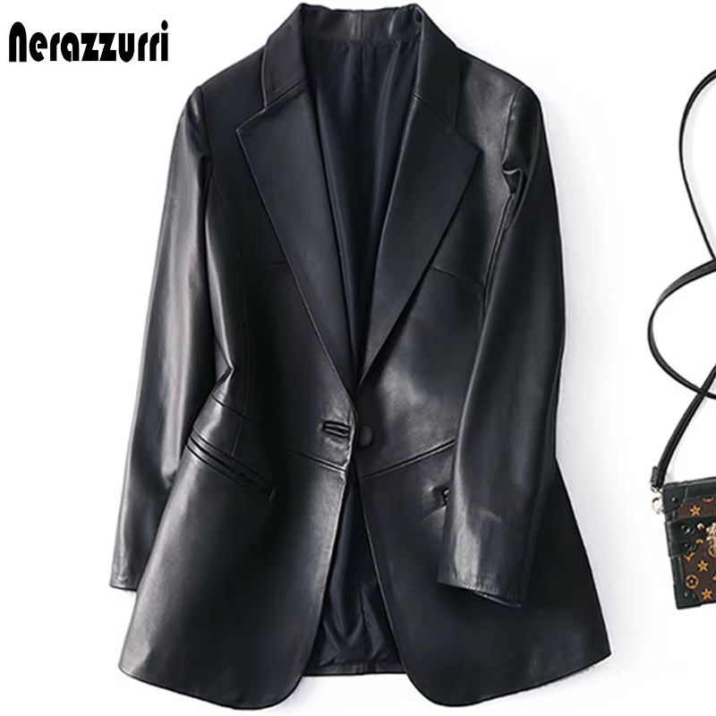 Spring Autumn Black Leather Blazer Women Single Button Slim Fit Designer Womens Leather Jackets and Coats 5Xl 6Xl 7Xl
