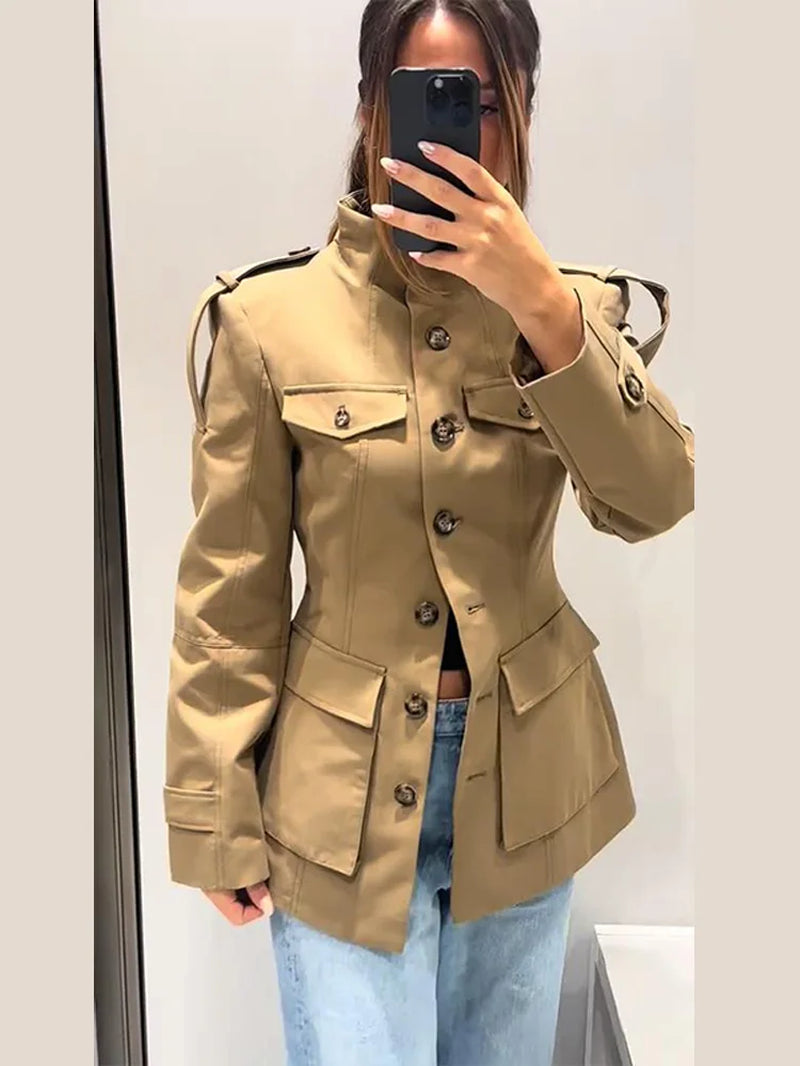 Standing Collar Buttons Jackets Woman Slim Cinch Waist Jackets Vintage Outwear Pockets Tops Khaki Ladies Clothes 2025 Trending