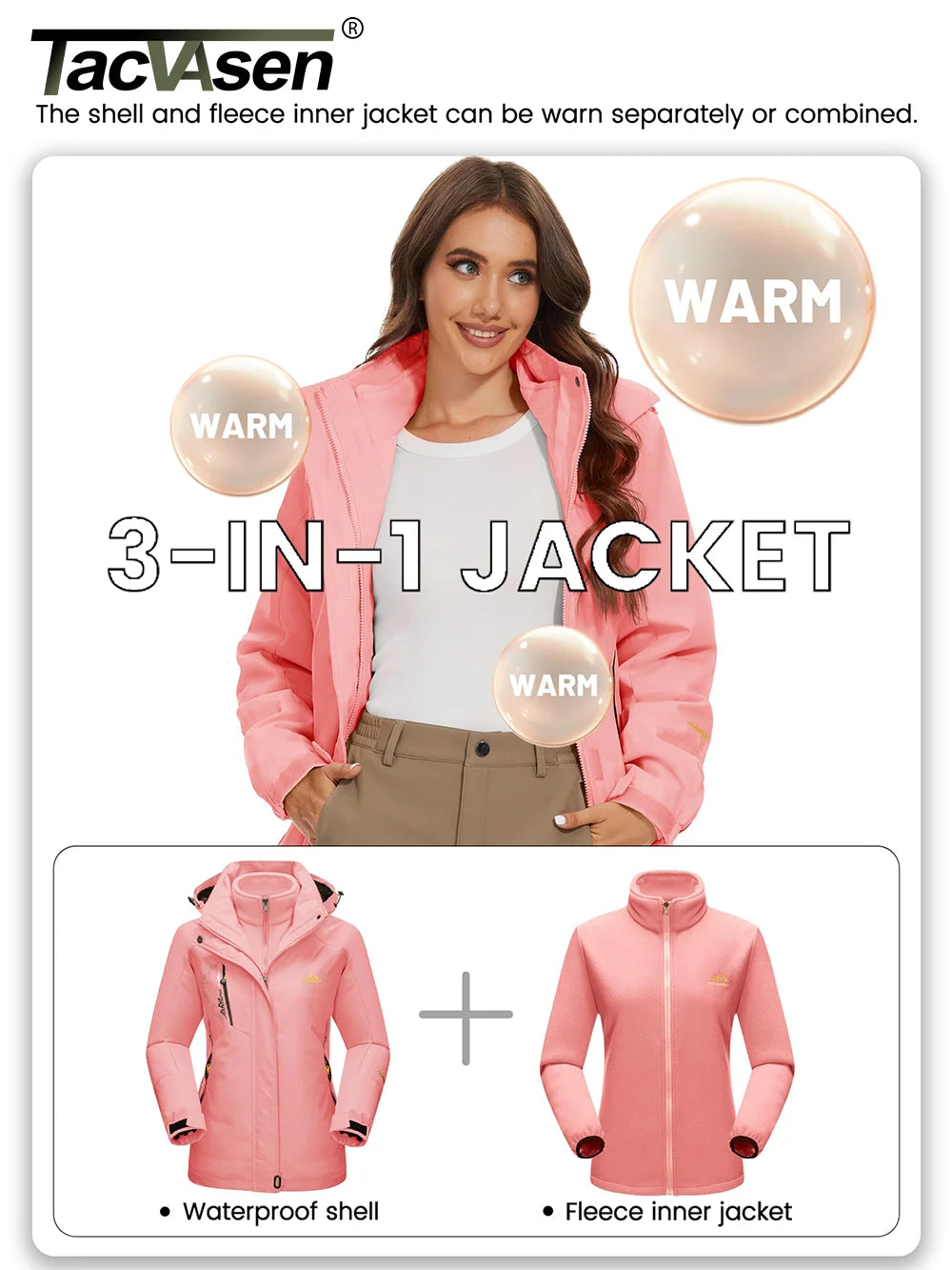 Womens 3 in 1 Winter Fleece Jacket Waterproof Ski Snowboard Jackets Work Rain Coat Outdoor Windbreaker Female Parka