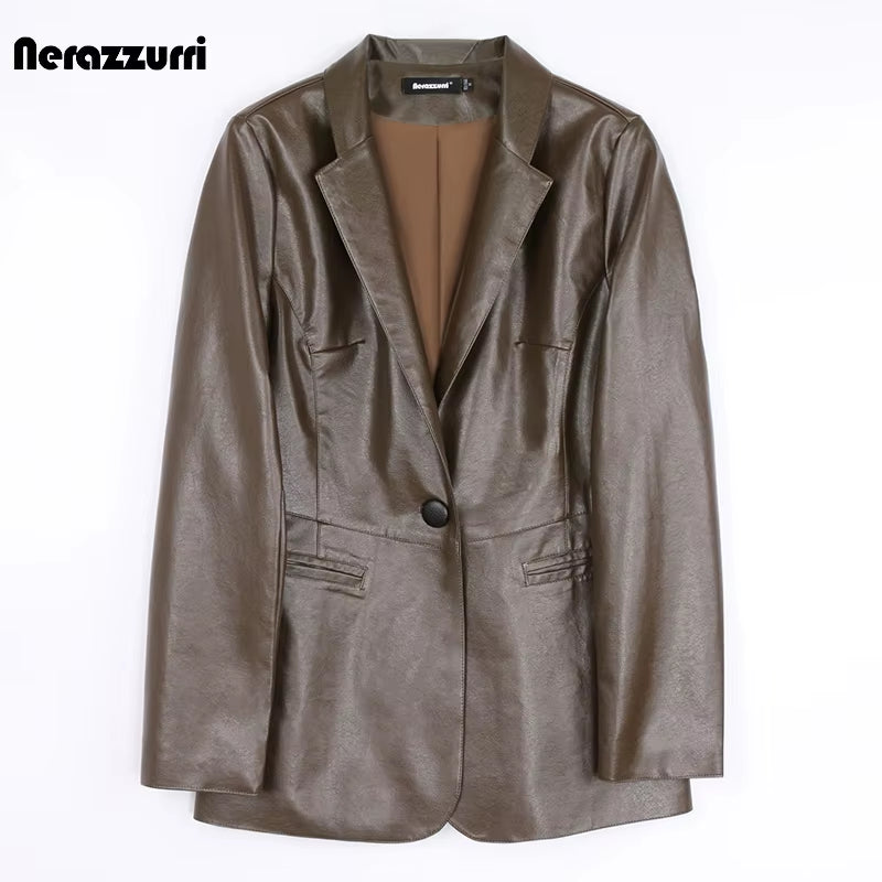 Spring Autumn Black Leather Blazer Women Single Button Slim Fit Designer Womens Leather Jackets and Coats 5Xl 6Xl 7Xl