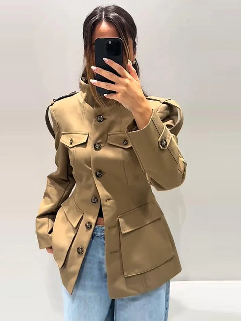 Standing Collar Buttons Jackets Woman Slim Cinch Waist Jackets Vintage Outwear Pockets Tops Khaki Ladies Clothes 2025 Trending