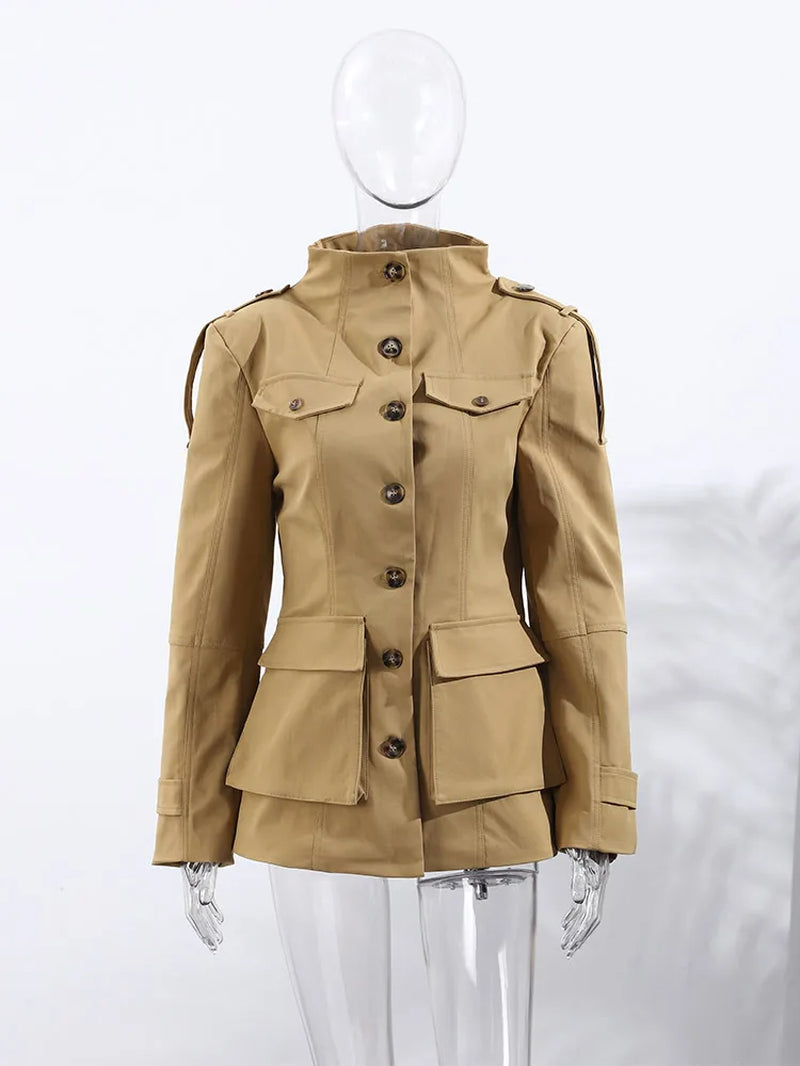 Standing Collar Buttons Jackets Woman Slim Cinch Waist Jackets Vintage Outwear Pockets Tops Khaki Ladies Clothes 2025 Trending
