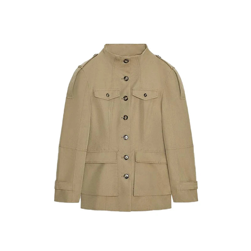 Standing Collar Buttons Jackets Woman Slim Cinch Waist Jackets Vintage Outwear Pockets Tops Khaki Ladies Clothes 2025 Trending