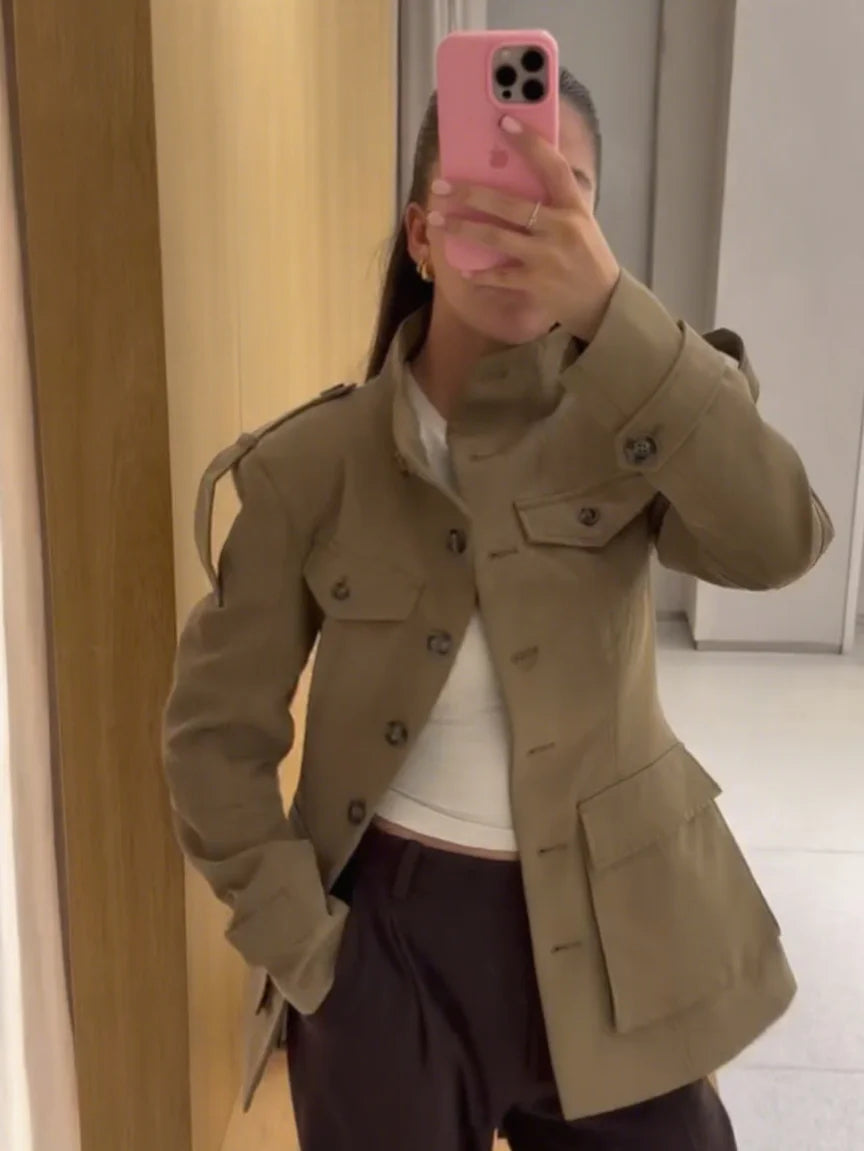 Standing Collar Buttons Jackets Woman Slim Cinch Waist Jackets Vintage Outwear Pockets Tops Khaki Ladies Clothes 2025 Trending