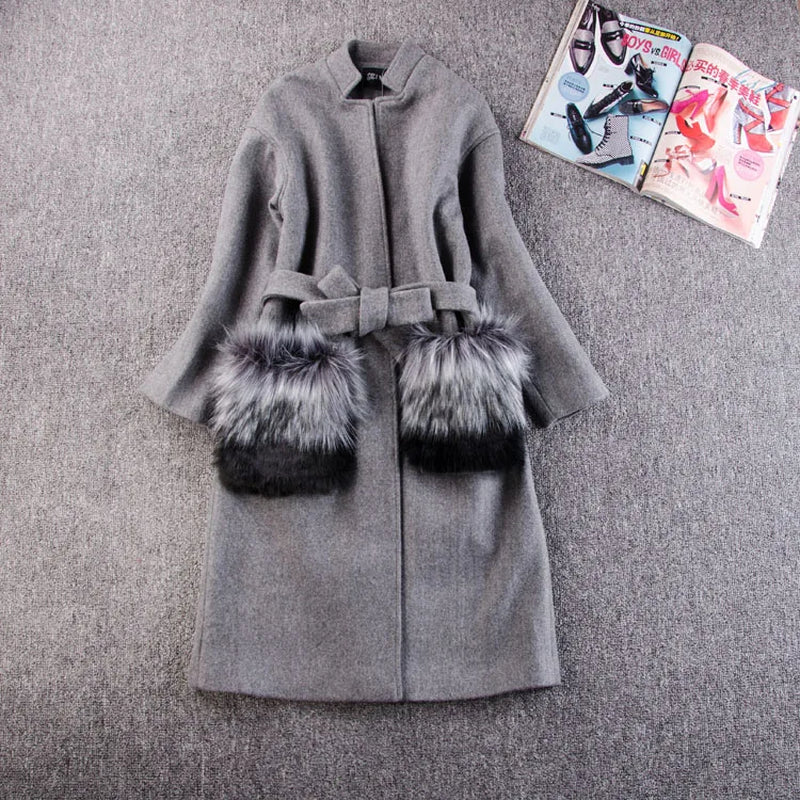 Women Autumn Winter Coats Jackets Wool Coat Fur Pocekts Long Parka Warm Outwear Spring Casaco Feminino