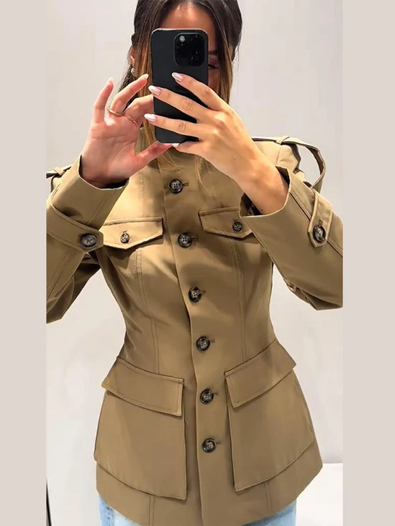 Standing Collar Buttons Jackets Woman Slim Cinch Waist Jackets Vintage Outwear Pockets Tops Khaki Ladies Clothes 2025 Trending