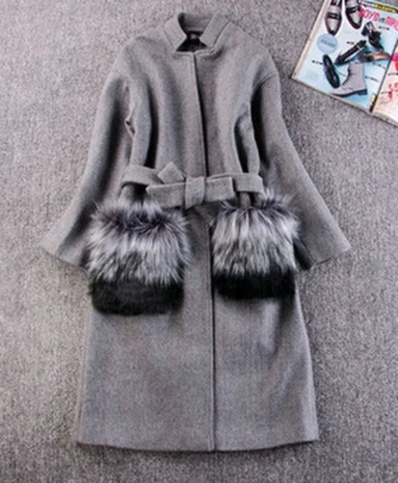 Women Autumn Winter Coats Jackets Wool Coat Fur Pocekts Long Parka Warm Outwear Spring Casaco Feminino