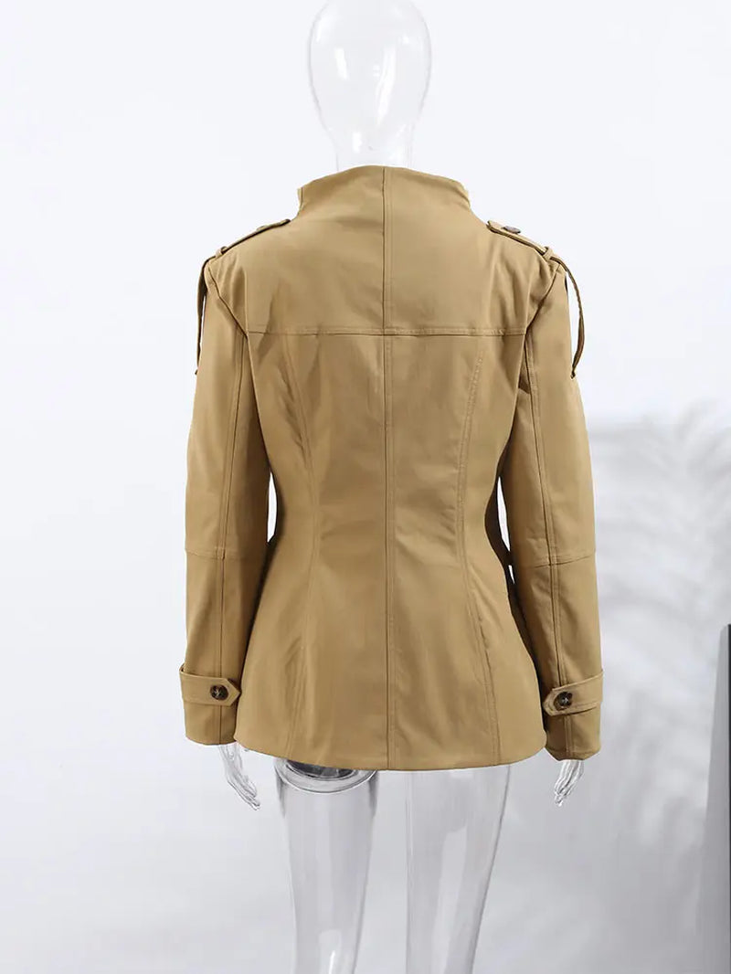 Standing Collar Buttons Jackets Woman Slim Cinch Waist Jackets Vintage Outwear Pockets Tops Khaki Ladies Clothes 2025 Trending